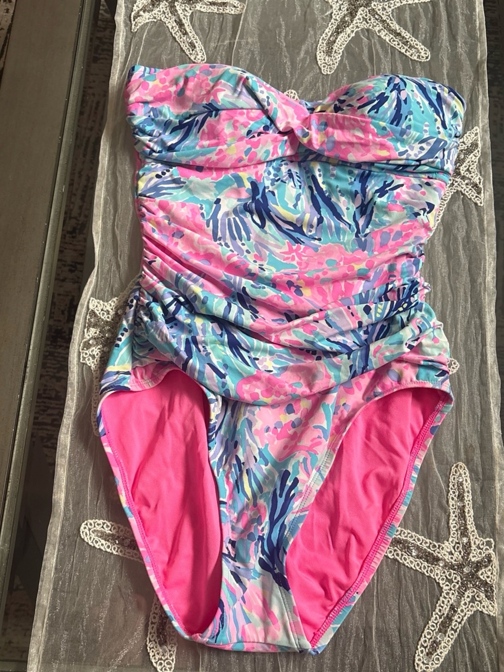 Lilly Pulitzer Pink & Blue Ruched One-Piece Swimsuit with Floral Wave Print